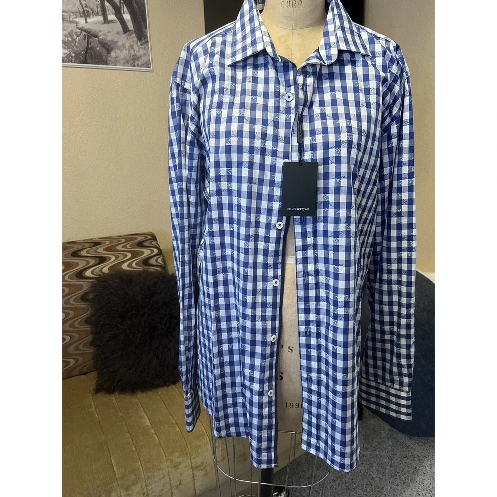 Bugatchi NeMens Medium Shaped Fit Blue / White‎ Plaid Long Sleeve Shirt Light